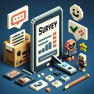 3D voxel art depicting online customer service surveys, with a dark blue background.