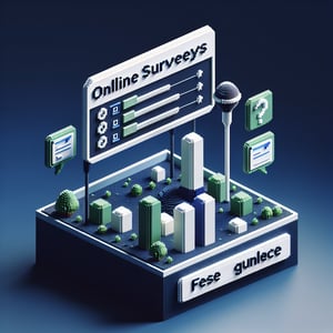 3D voxel art depicting online financial services surveys, set against a dark blue background.