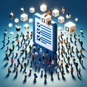3D voxel art depicting online customer survey process on a dark blue background.