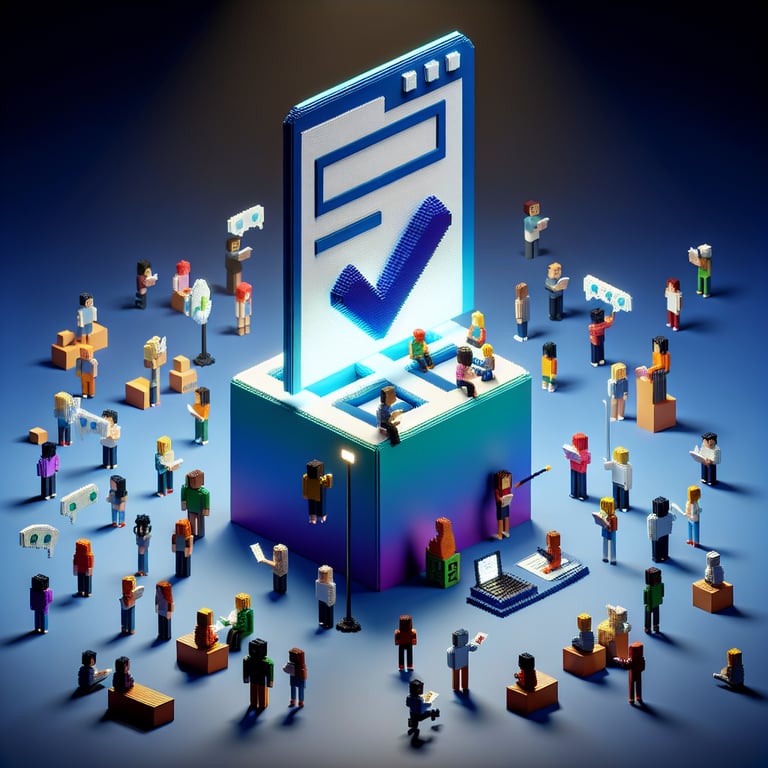 3D voxel art depicting online feedback surveys against a dark blue background.