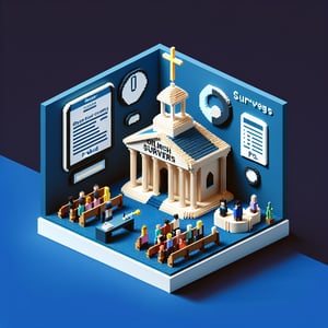 3D voxel art depicting the concept of online church surveys on a dark blue background.