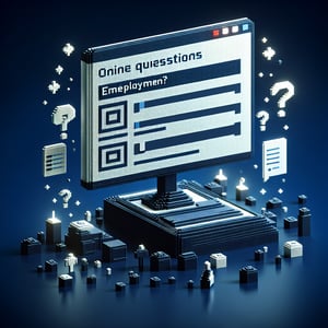 3D voxel art depicting online surveys, focusing on employment status questions, set against a dark blue background.