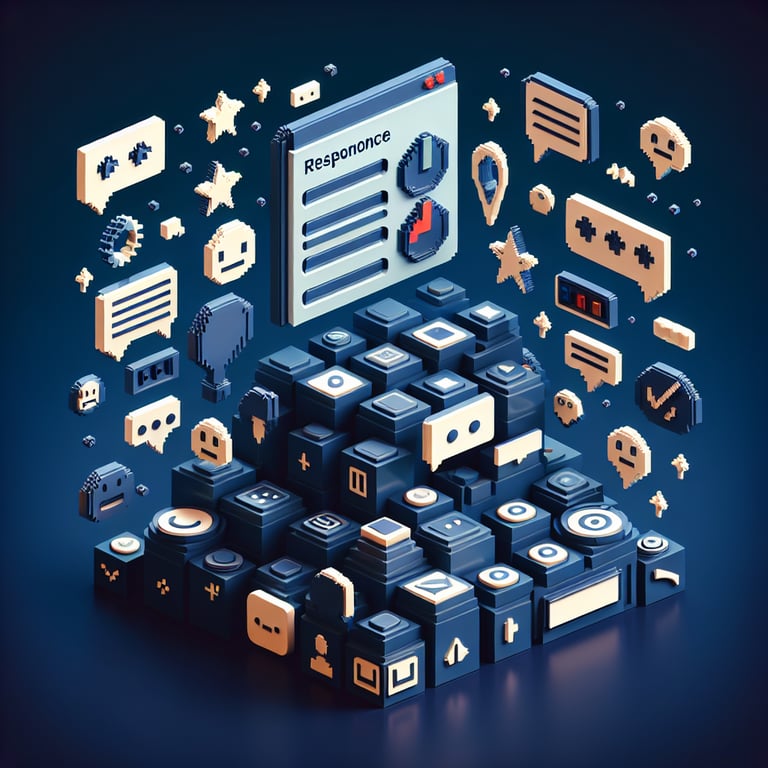 3D voxel art representation of online feedback form surveys on a dark blue background.