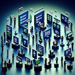3D voxel art depicting the concept of online surveys for BSA round tables on a dark blue background.