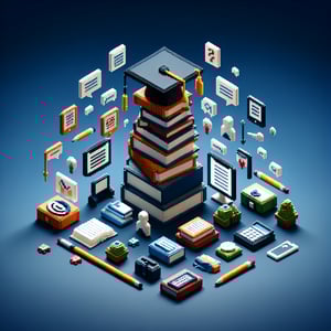 3D voxel art depicting online education survey concept on a dark blue background.