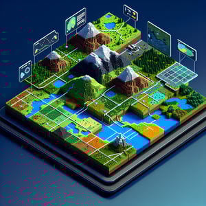 3D voxel art depicting the concept of basic land surveys on a dark blue background.