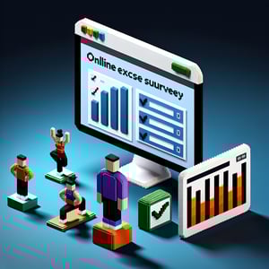 3D voxel art depicting online exercise surveys with a dark blue background.