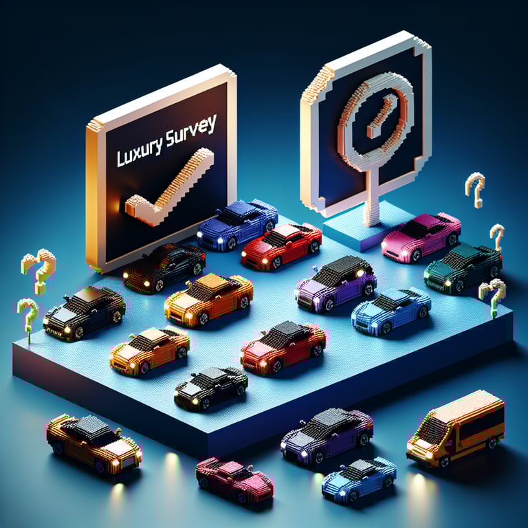 3D voxel art depicting online luxury car survey concept on a dark blue background.