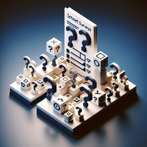 3D voxel art depicting the concept of online surveys on a dark blue background.