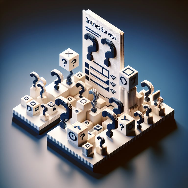 3D voxel art depicting the concept of online surveys on a dark blue background.