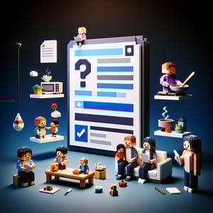 3D voxel art displaying online survey elements, symbolizing parenting styles questionnaire on a dark blue background.