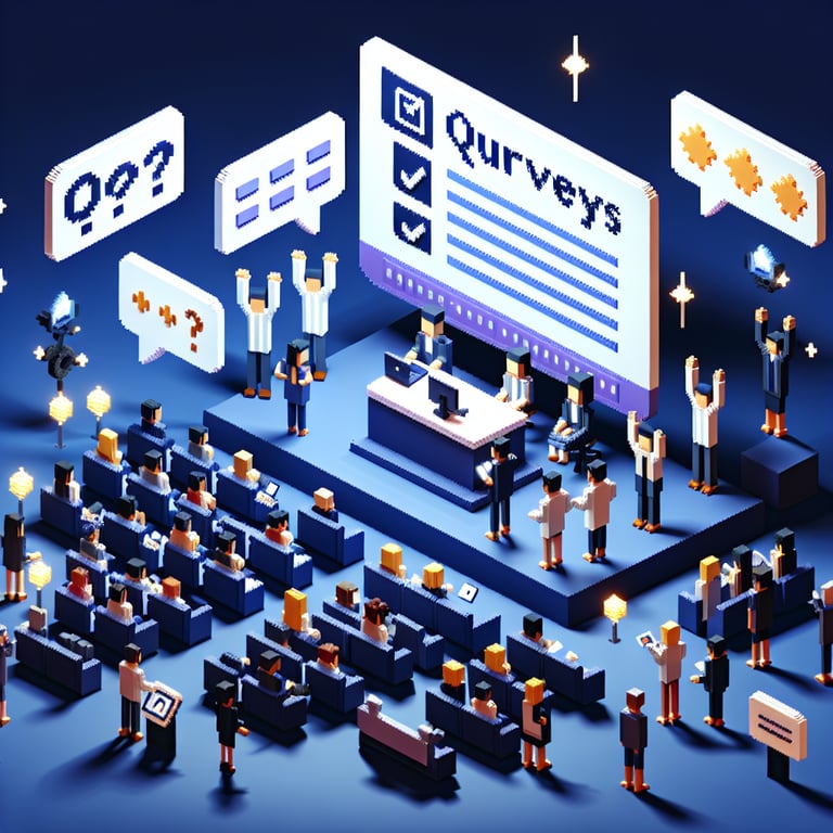 3D voxel art illustrating online surveys, ideal for post virtual event feedback collection, on a dark blue background.