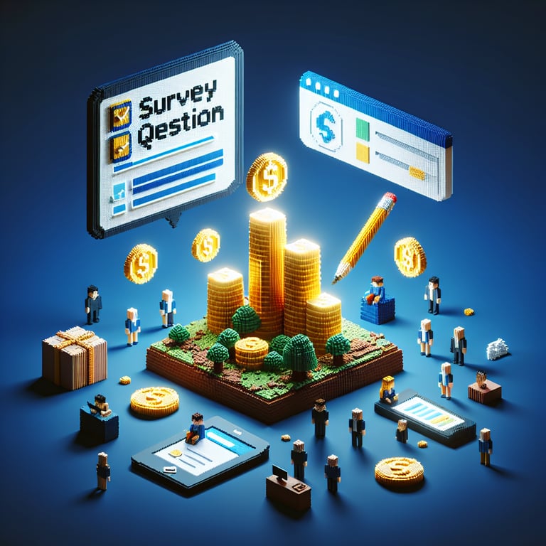 3D voxel art depicting the concept of online 'value for money' surveys on a dark blue background.