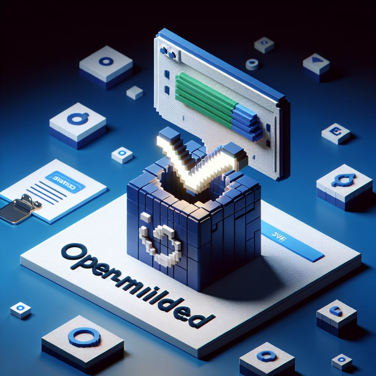3D voxel art depicting online surveys, symbolizing openness to new ideas, on a dark blue background.