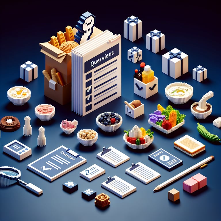 3D voxel art depicting the concept of online food surveys on a dark blue background.