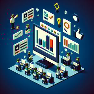 3D voxel art depicting the concept of online surveys, set against a dark blue background.