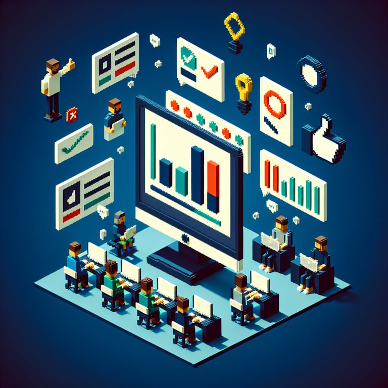 Artistic 3D voxel art illustrating sponsor feedback survey themes