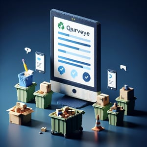 3D voxel art depicting online surveys related to waste management on a dark blue background.