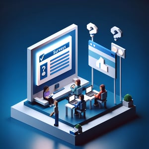 3D voxel art illustrating online surveys on cyber bullying, set against a dark blue background.