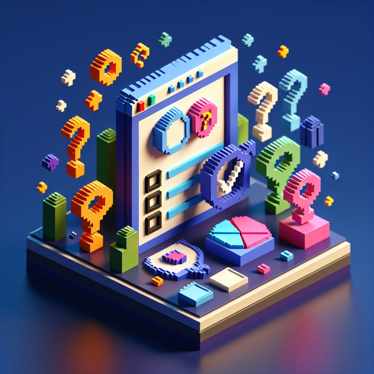 3D voxel art depicting online gender questioning surveys with a dark blue background.