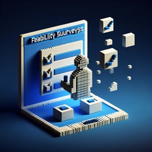 3D voxel art depicting the concept of online feasibility survey questions on a dark blue background.