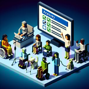 3D voxel art depicting online accessibility instructor surveys on a dark blue background.