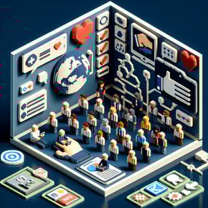 3D voxel art depicting online surveys for non-profit memberships on a dark blue background.