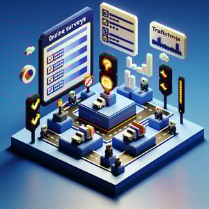 3D voxel art showcasing digital surveys, symbolizing traffic-related inquiries, on a dark blue background.