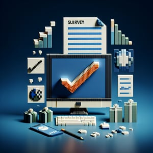 3D voxel art depicting online surveys and questions on a dark blue background.
