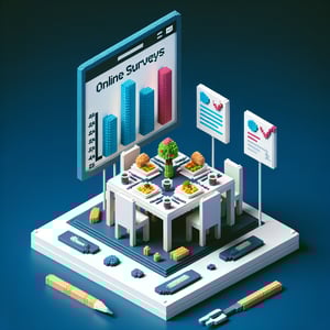 3D voxel art depicting the concept of online dining surveys on a dark blue background.