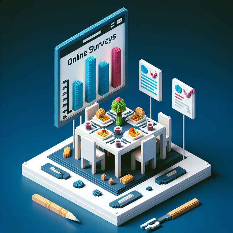 3D voxel art depicting the concept of online dining surveys on a dark blue background.