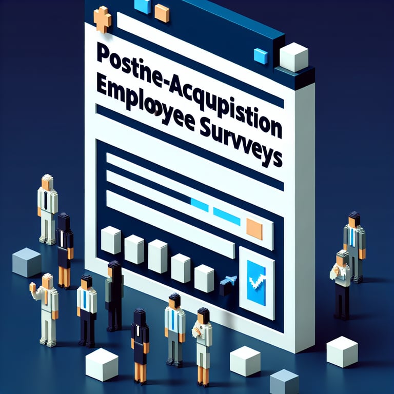 3D voxel art depicting online surveys, representing post-acquisition employee queries on a dark blue background.