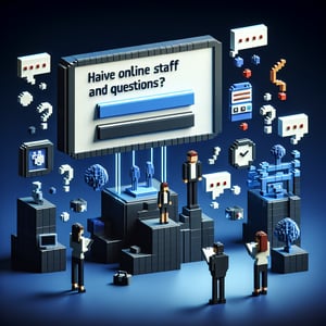 3D voxel art depicting online staff surveys with engaging elements on a dark blue background.