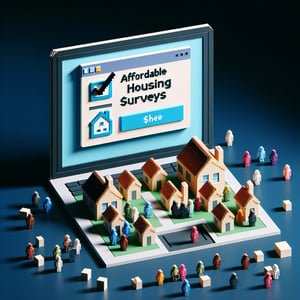 3D voxel art depicting online affordable housing survey concept on a dark blue background.
