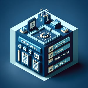 3D voxel art depicting online class surveys with a dark blue background.