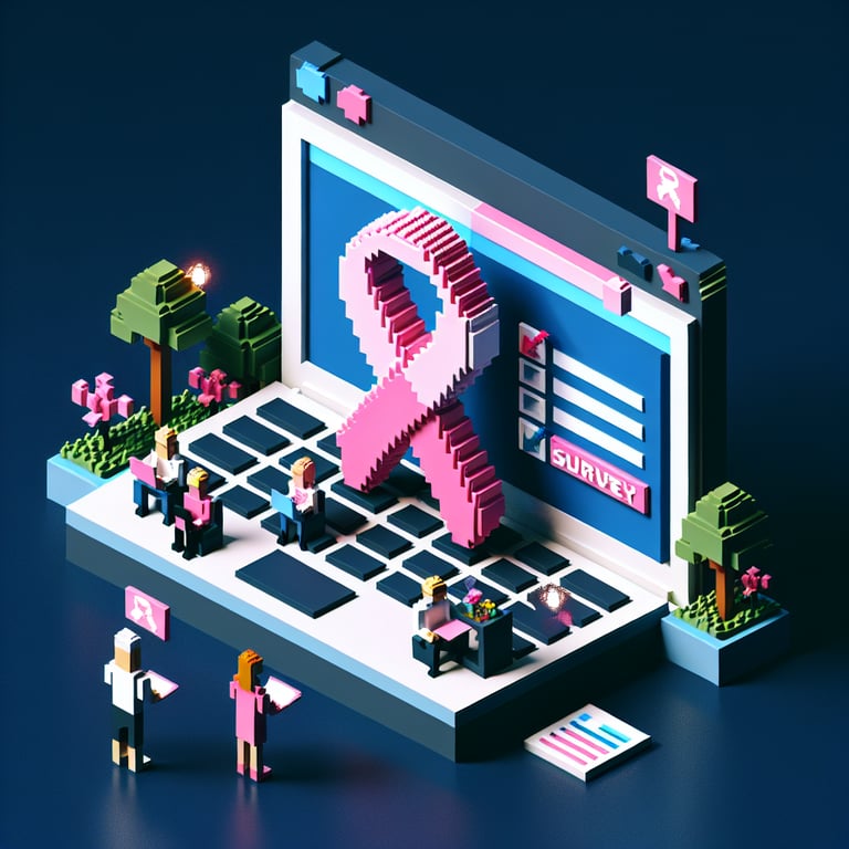 3D voxel art representing online breast cancer surveys, with a dark blue background.