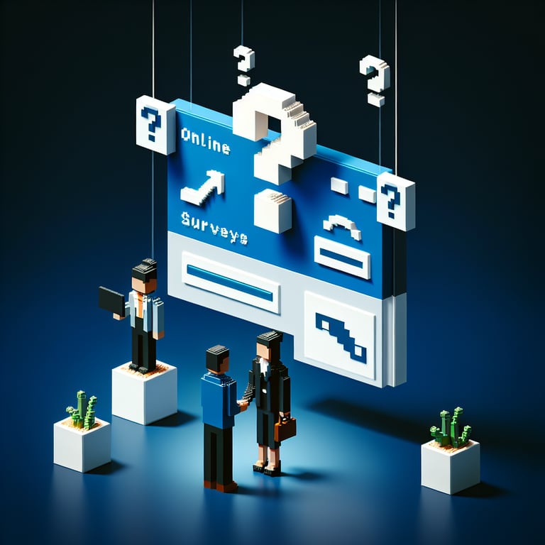 3D voxel art depicting online employee customer service survey process on a dark blue background.