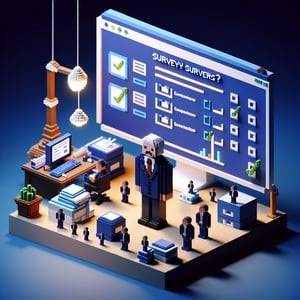 3D voxel art depicting online professor surveys against a dark blue background.