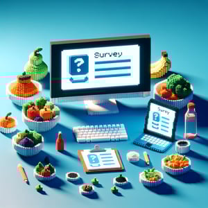 3D voxel art depicting online surveys on eating habits, set against a dark blue background.
