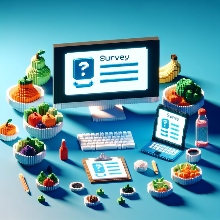 Artistic 3D voxel art illustrating a dietary habits survey interface