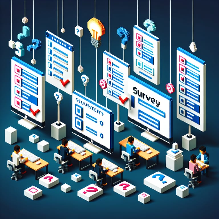 3D voxel art depicting online surveys, with a dark blue background. No text or branding included.