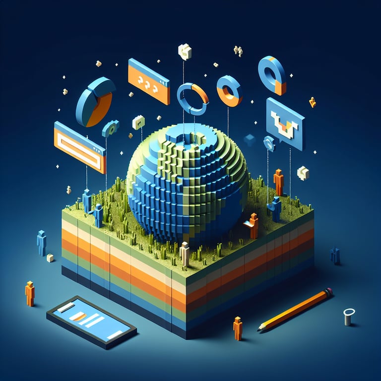 3D voxel art depicting online soil survey and soil conservation psc questions survey process on a dark blue background.