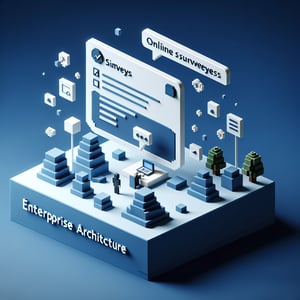 3D voxel art depicting online enterprise architecture surveys on a dark blue background.