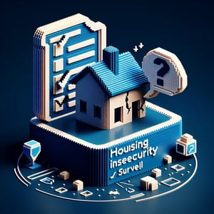 3D voxel art illustrating online housing insecurity surveys on a dark blue background.