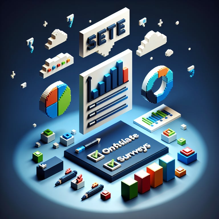 3D voxel art depicting online associate surveys on a dark blue background.