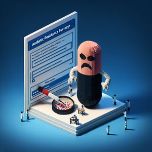 3D voxel art depicting online surveys on antibiotic resistance, set against a dark blue background.