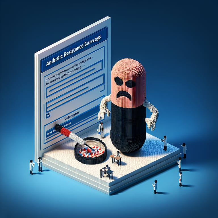 3D voxel art depicting online surveys on antibiotic resistance, set against a dark blue background.