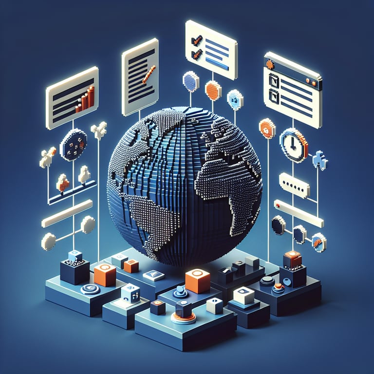 3D voxel art depicting online globalisation surveys on a dark blue background.