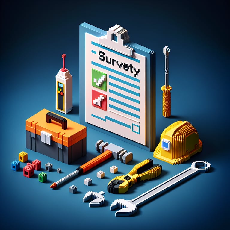 3D voxel art illustrating the concept of online facility maintenance survey questions on a dark blue background.