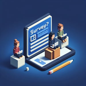 3D voxel art depicting online surveys, ideal for school administrators survey questions, on a dark blue background.